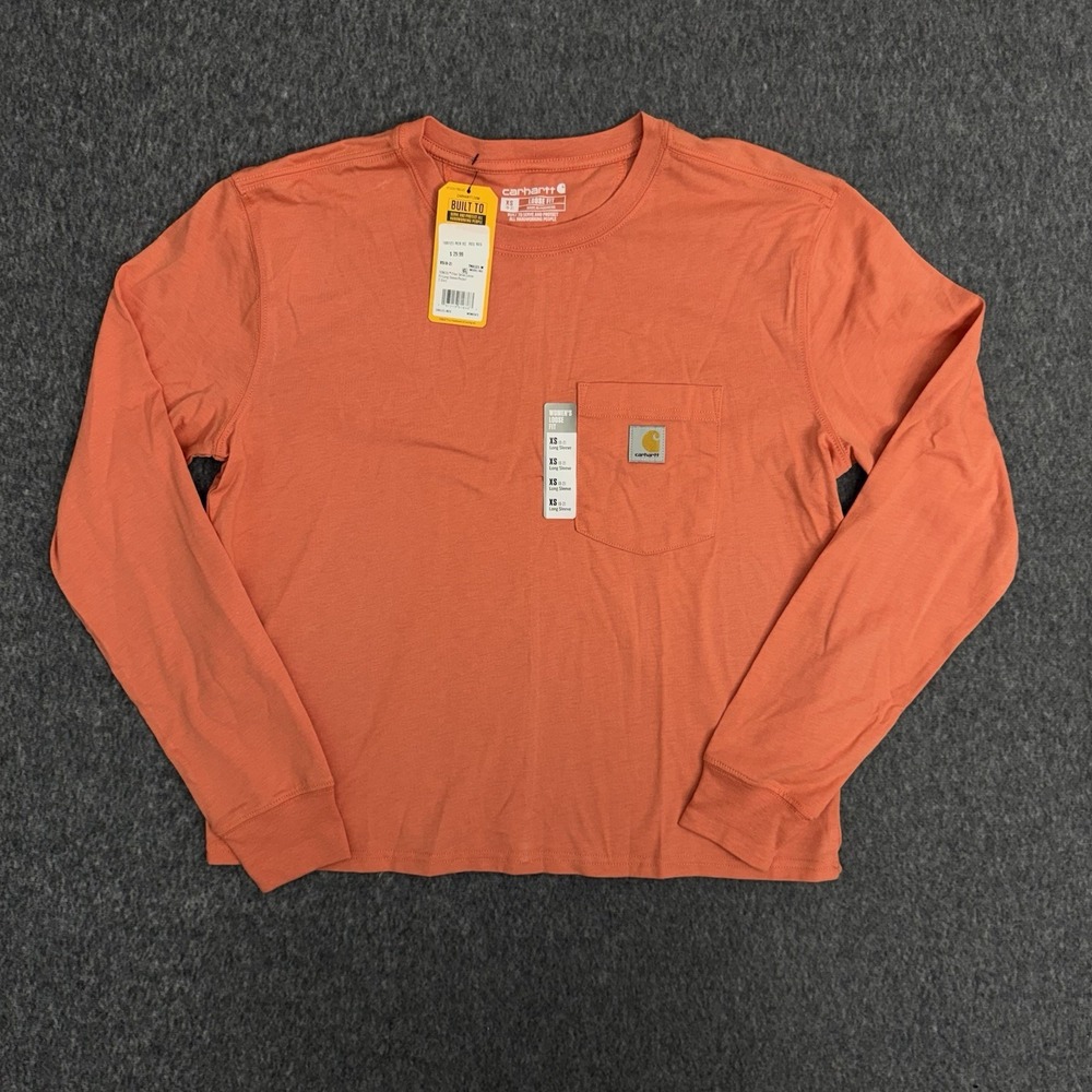 CARHARTT‎ Women XS Loose Fit Tencel Fiber Orange Long Sleeve Pocket T-Shirt